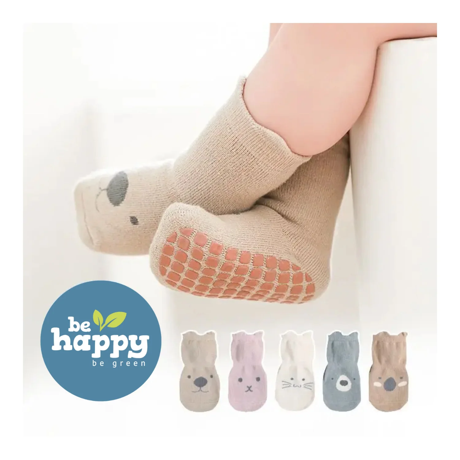 UN PAR DE CALCETINES ANTIDESLIZANTES ALGODÓN 1 a 3 AÑOS BE HAPPY BE GREEN
